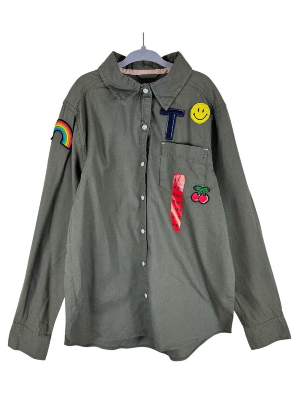 Tractr NWT Army Green Long Sleeve Snap Up Shirt‎ Patches Cotton Girls Size 10 12